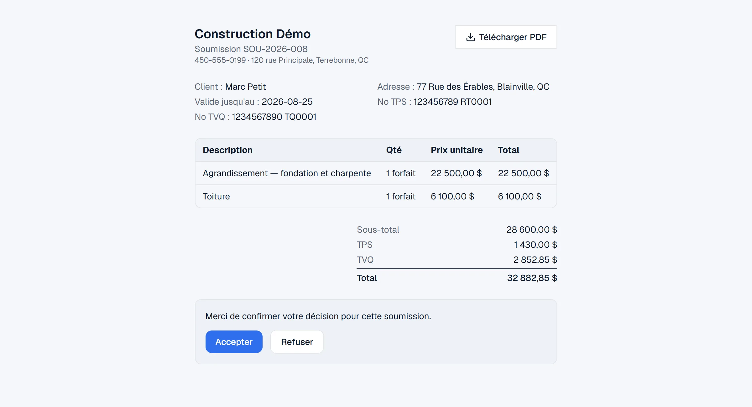 Une soumission TORQ vue par le client, avec les boutons Accepter et Refuser.